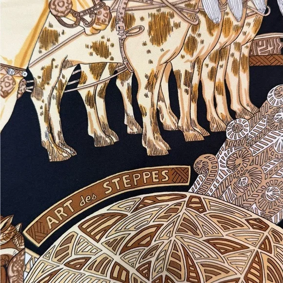 Hermes Silk Scarf in Black, Tan, Gold and White - Picture 2 of 6